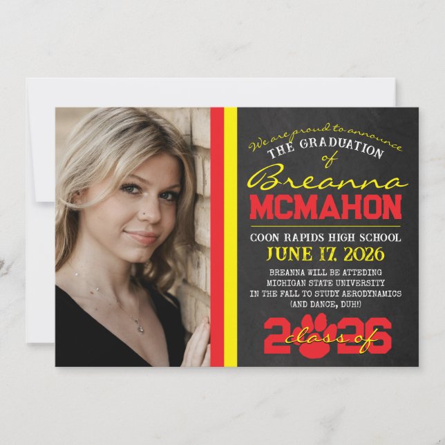 Red & Yellow Paw Print Graduation Announcement (Front)
