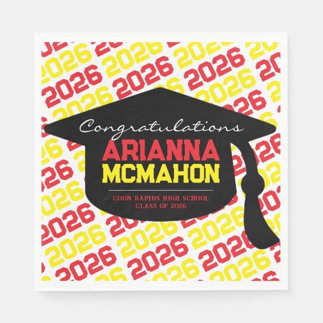 Red & Yellow Personalized Graduation Cap Paper Napkin (Front)