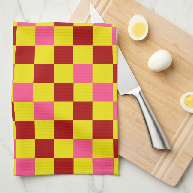 Red Yellow Pink Chequered Pattern Design  Kitchen Towel (Quarter Fold)