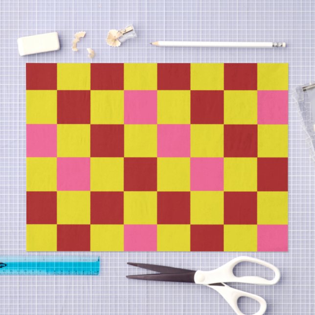Red Yellow Pink Chequered Pattern Design  Tissue Paper (Craft)
