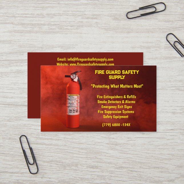 Red Yellow Smoke & Fire Extinguisher Fire Safety Business Card (Front/Back In Situ)
