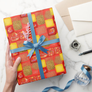 Red & Yellow Square Faux Glitter Opal Wrapping Paper