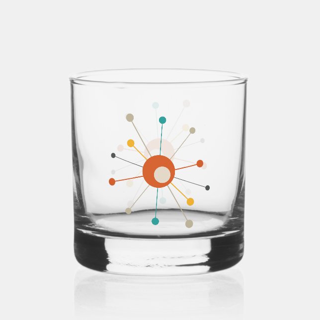 Red Yellow Teal Atomic Age Starburst Mid Century Whiskey Glass (Front)