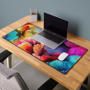 Red Yellow Teal Purple Alcohol Ink Floral Desk Mat