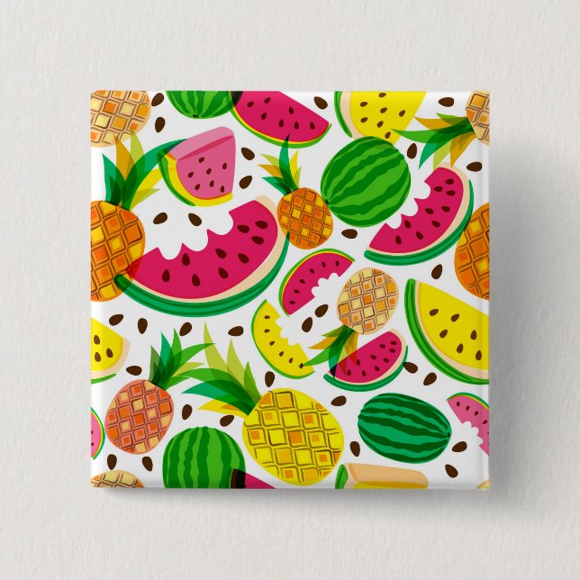 Red & Yellow Tropical Fruit Pattern 2 Inch Square Button (Front)