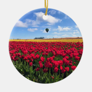 Red & Yellow Tulip Field with Hot Air Balloon Ceramic Ornament