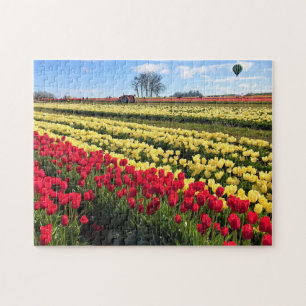 Red & Yellow Tulip Field with Hot Air Balloon Jigsaw Puzzle