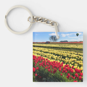 Red & Yellow Tulip Field with Hot Air Balloon Keychain