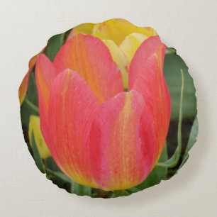 Red Yellow Tulip Flower Round Pillow