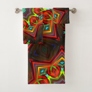 Red yellow twisted eight-pointed star kaleidoscope bath towel set