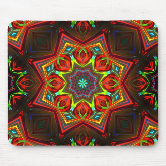 Red yellow twisted eight-pointed star kaleidoscope mouse pad (Front)
