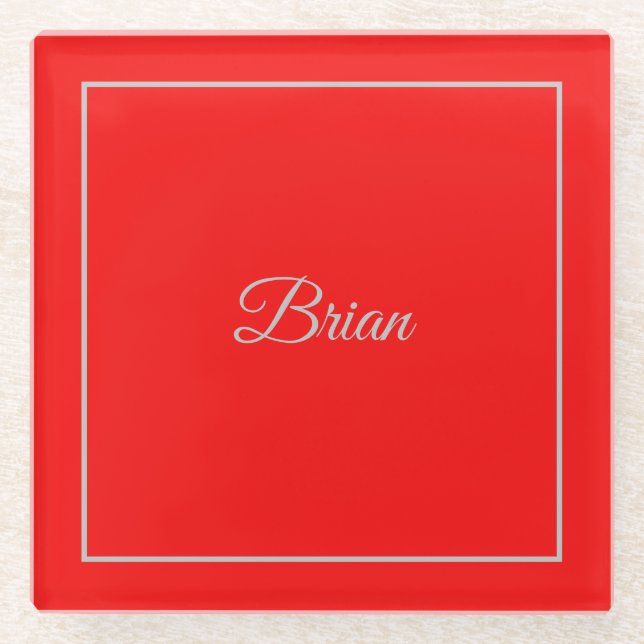 Red Your Name Minimalist Personal Modern Glass Coaster (Front)