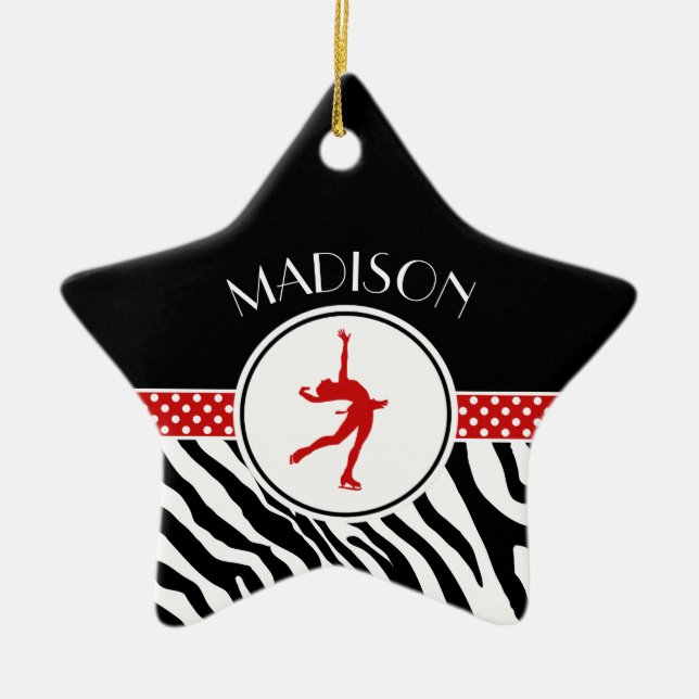 Red Your Name Zebra Print Figure Skating Ceramic Ornament (Front)