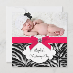 Red Zebra Baby Girl Photo Christening Invitation