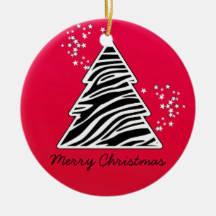 Red Zebra Christmas Tree Ceramic Ornament