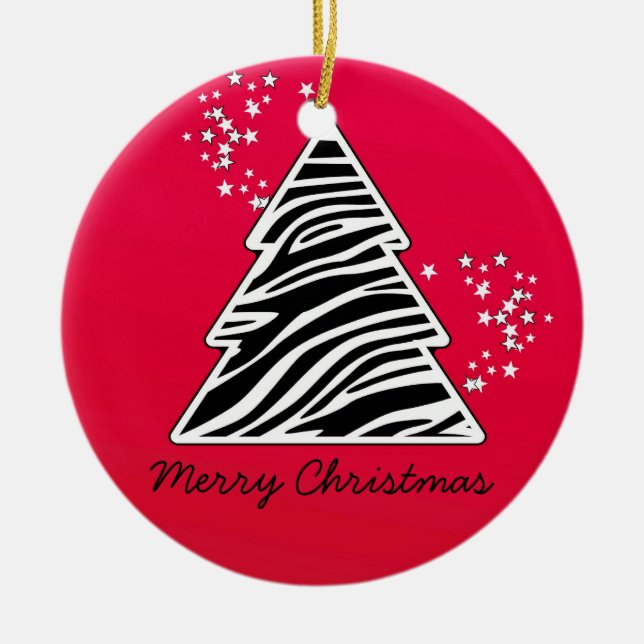 Red Zebra Christmas Tree Ceramic Ornament (Front)