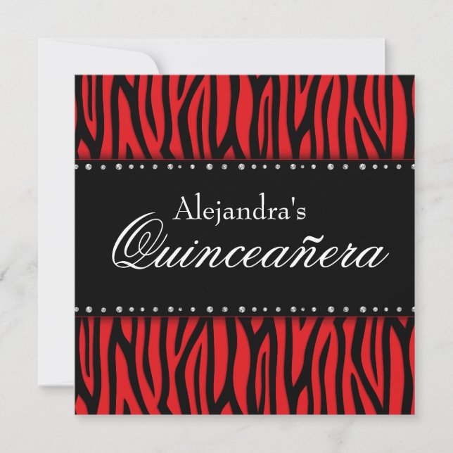 Red Zebra Diamonds Quinceanera Invitations (Devant)