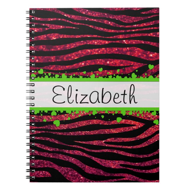 Red Zebra, Glitter Zebra, Zebra Print, Your Name Notebook (Front)