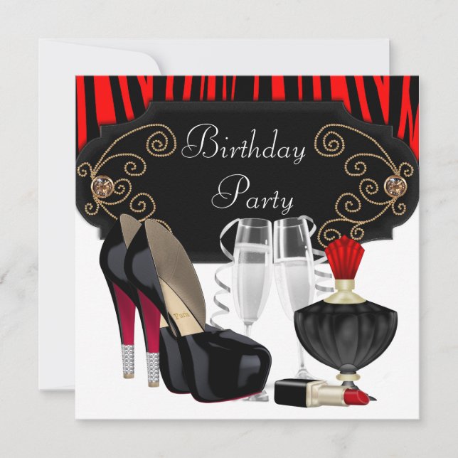 Red Zebra High Heel Shoes Birthday Party Invitation (Front)
