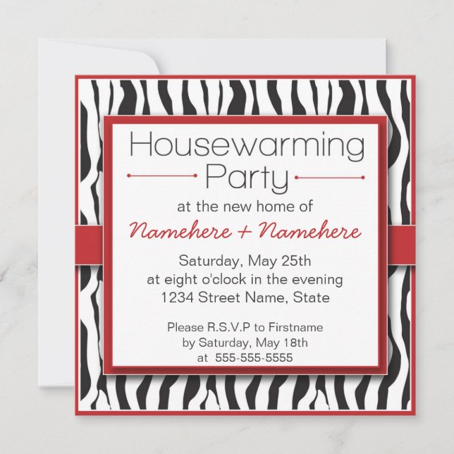 Red Zebra Print Housewarming Party Invitations (Front)