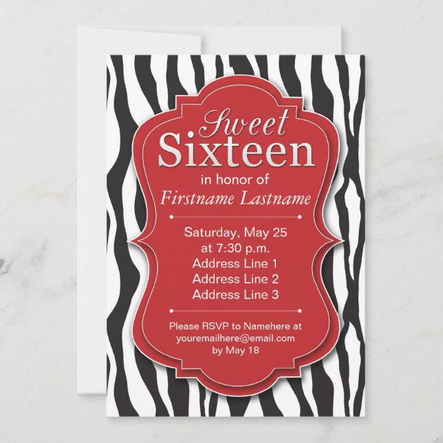 Red Zebra Print Sweet 16 Birthday Invitations (Front)