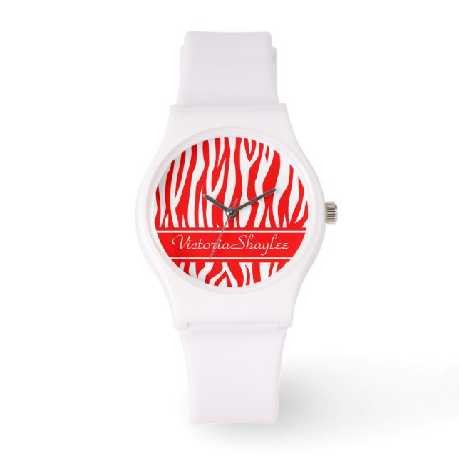 Red Zebra Print with custom text Watch (Front)