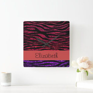 Red Zebra, Purple Zebra, Glitter Zebra, Your Name Square Wall Clock
