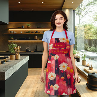 Red Zen Daisy Kitchen Art with Relaxing Pattern Apron