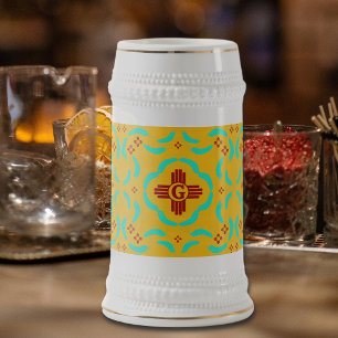 Red Zia Symbols New Mexico Turquoise Feathers Beer Stein