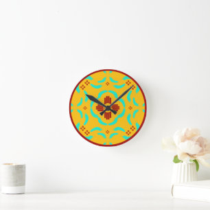 Red Zia Symbols New Mexico Turquoise Feathers Round Clock