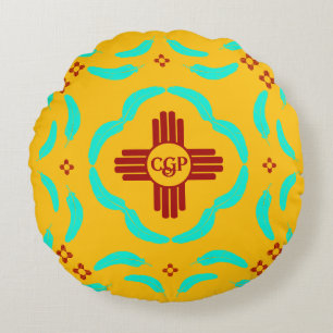 Red Zia Symbols New Mexico Turquoise Feathers Round Pillow