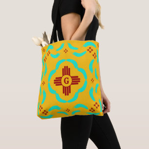 Red Zia Symbols New Mexico Turquoise Feathers Tote Bag