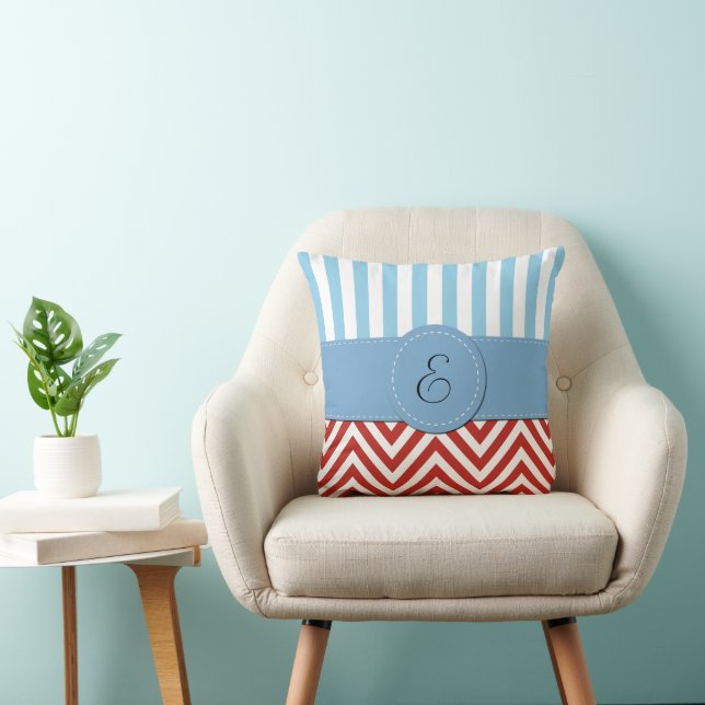 Red Zigzag, Chevron, Blue Stripes, Monogram Throw Pillow (Chair)