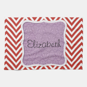 Red Zigzag, Red Chevron, Zigzag Pattern, Your Name Kitchen Towel