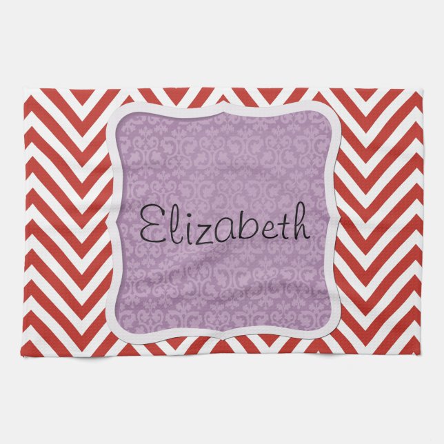 Red Zigzag, Red Chevron, Zigzag Pattern, Your Name Kitchen Towel (Horizontal)