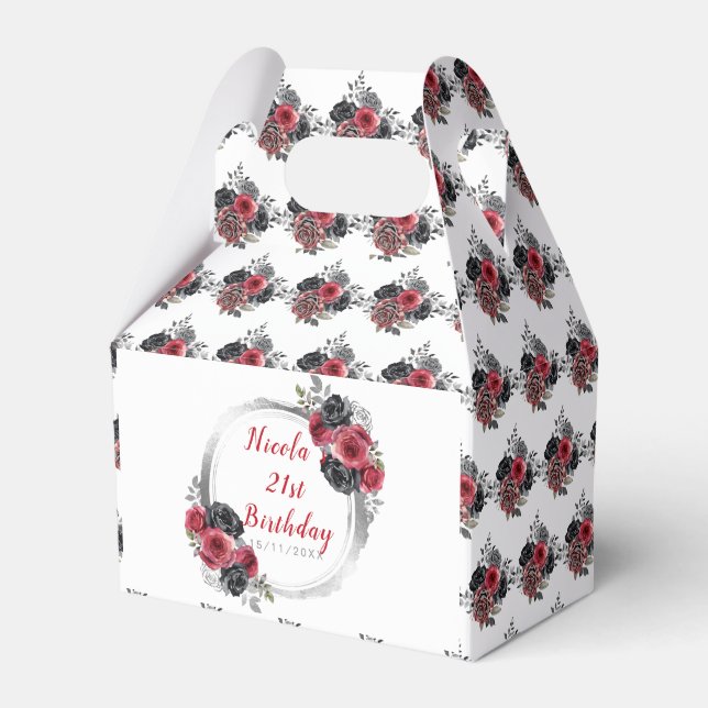 Redand Silver Elegant Flowers  Birthday Favor Box (Front Side)