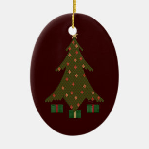 redBG, quiltedTreeSolo Ceramic Ornament