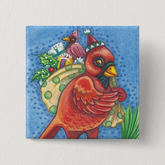 REDBIRD SANTA, CHRISTMAS CARDINAL BIRD BUTTON Squ (Front)