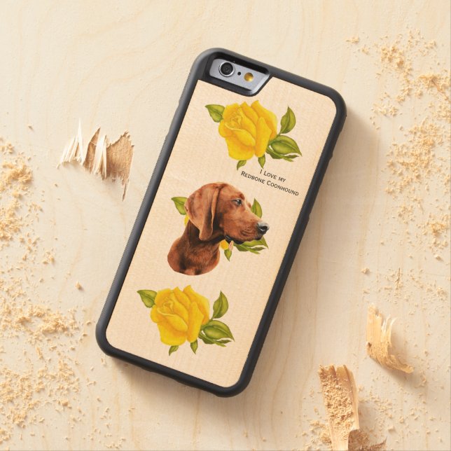 Redbone Coonhound and Yellow Roses Carved Wood iPhone Case (In Situ)