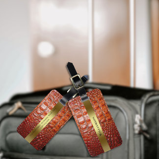 Reddish Brown Reptile Digital Leather Gold Metal Luggage Tag