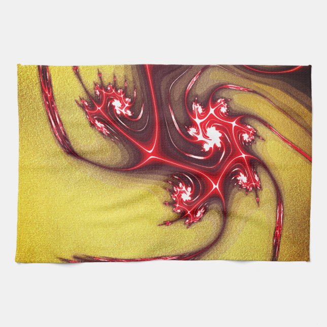 Reddish fractal lizard on ochre sandy texture kitchen towel (Horizontal)