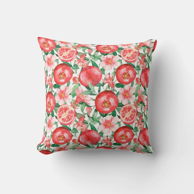 Reddish Pink Pomegranate Fruit and Small Flowers Throw Pillow (Front)