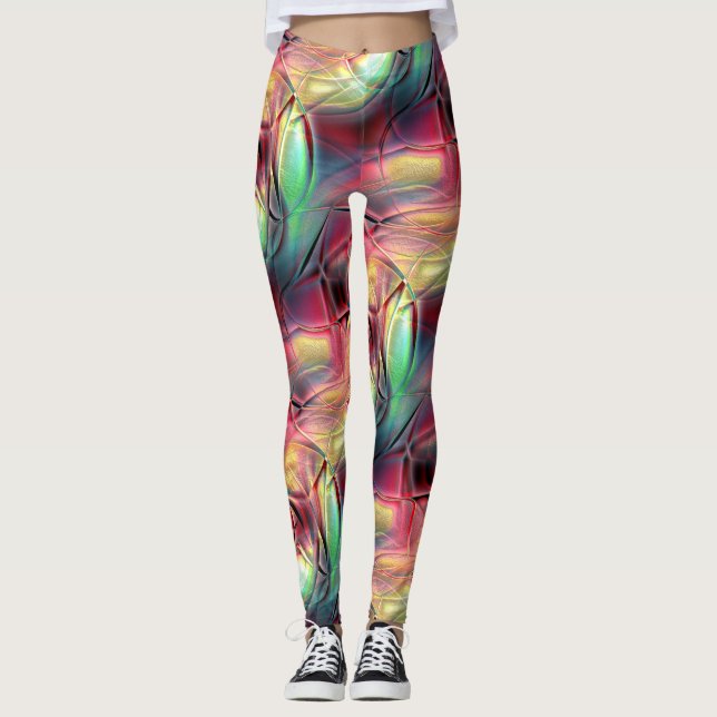 Reddish to green colourful crumpled 'beach cloth'  leggings (Front)