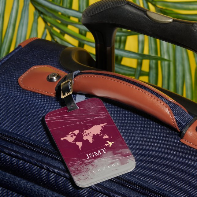 Reddish Travel Bag Tag with World Map (Front Insitu 1)
