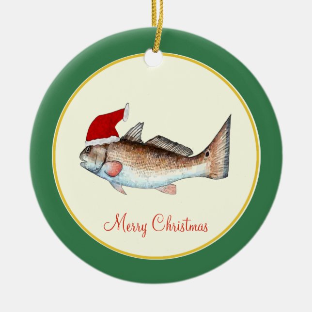 Redfish Santa Hat Christmas on Green Ceramic Ornament (Front)