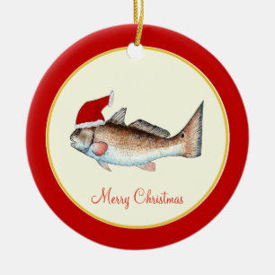 Redfish Santa Hat Christmas Red Ceramic Ornament