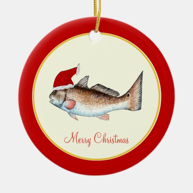 Redfish Santa Hat Christmas Red Ceramic Ornament (Front)