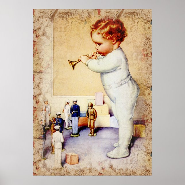 Redhead Baby Boy Blowing Horn to Soldiers Poster (Front)