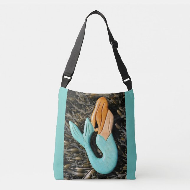 Redhead blue-tailed mermaid blue crossbody bag (Front)