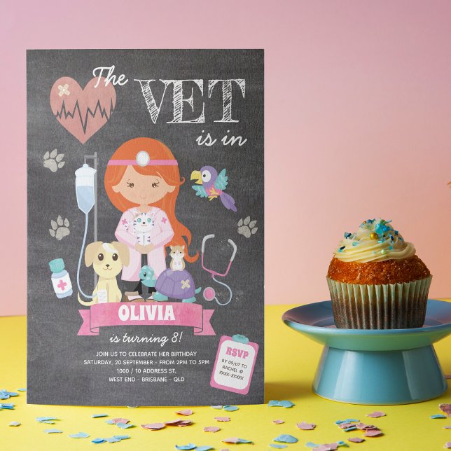 Redhead Brown Eyes Chalkboard Vet Birthday Party Invitation (This girl’s vet birthday invitation is just the right medicine to your celebration.)
